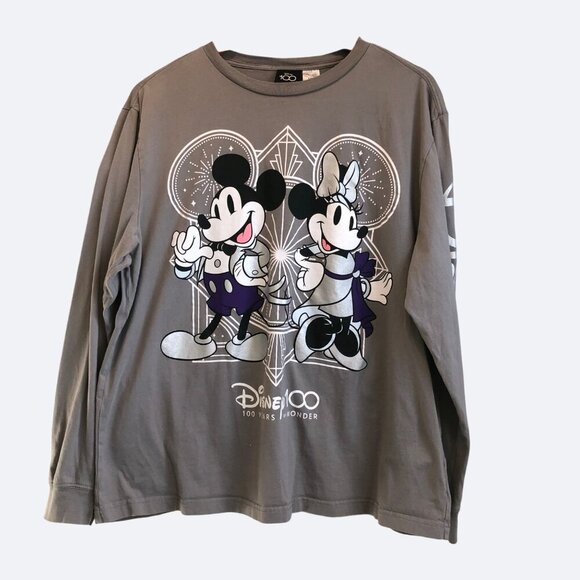 Disney 100 years of wonder Mickey Minnie Mouse Gray Long Sleeve T-shirt Large - Picture 1 of 10